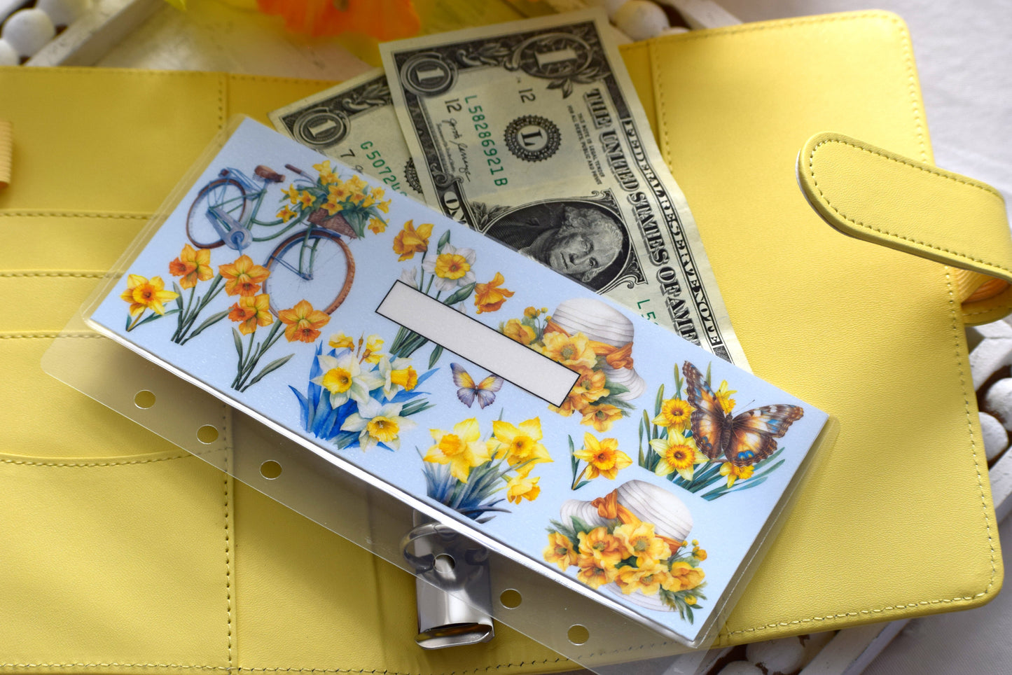 A6 Laminated Cash Envelopes, Cash Binder Envelope, Daffodil Delight Theme