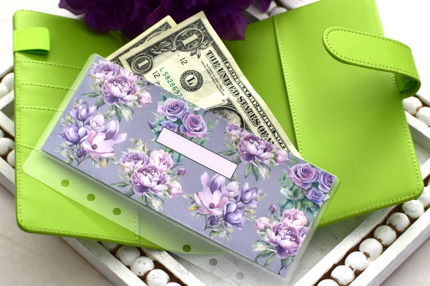 A6 Laminated Cash Envelopes, Cash Binder Envelope, Purple Blooms Theme