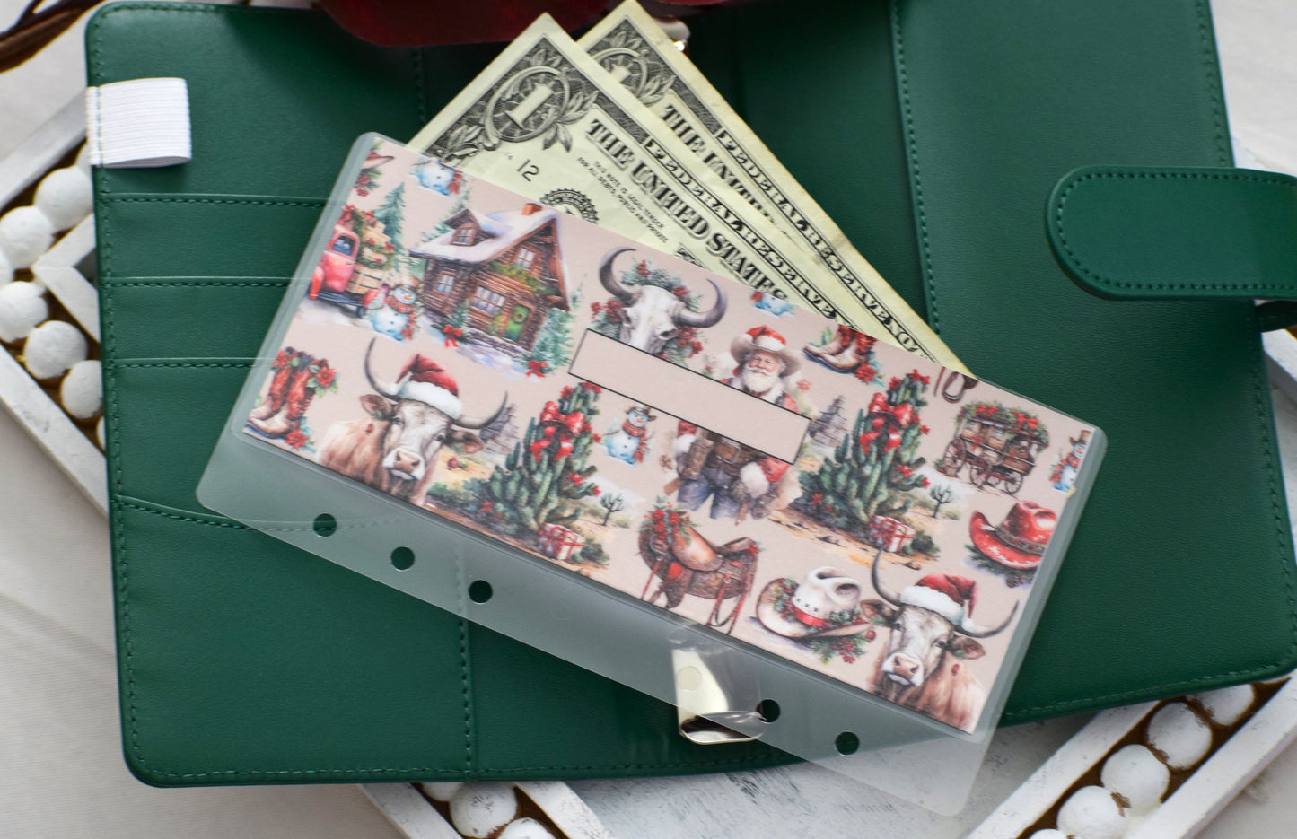 A6 Laminated Cash Envelopes, Cash Binder Envelope, Western Christmas Theme