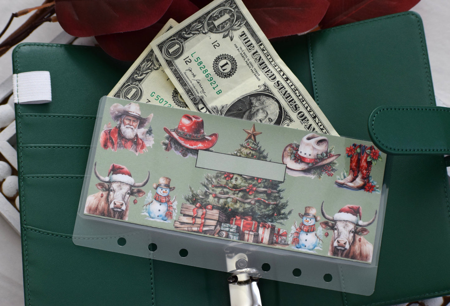 A6 Laminated Cash Envelopes, Cash Binder Envelope, Western Christmas Theme