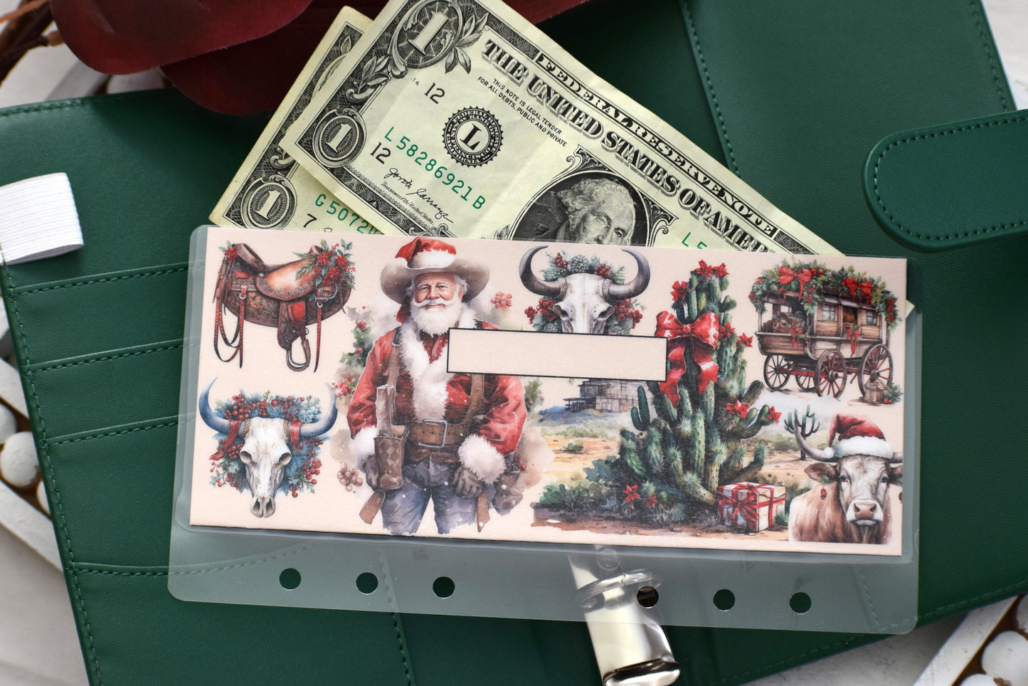 A6 Laminated Cash Envelopes, Cash Binder Envelope, Western Christmas Theme