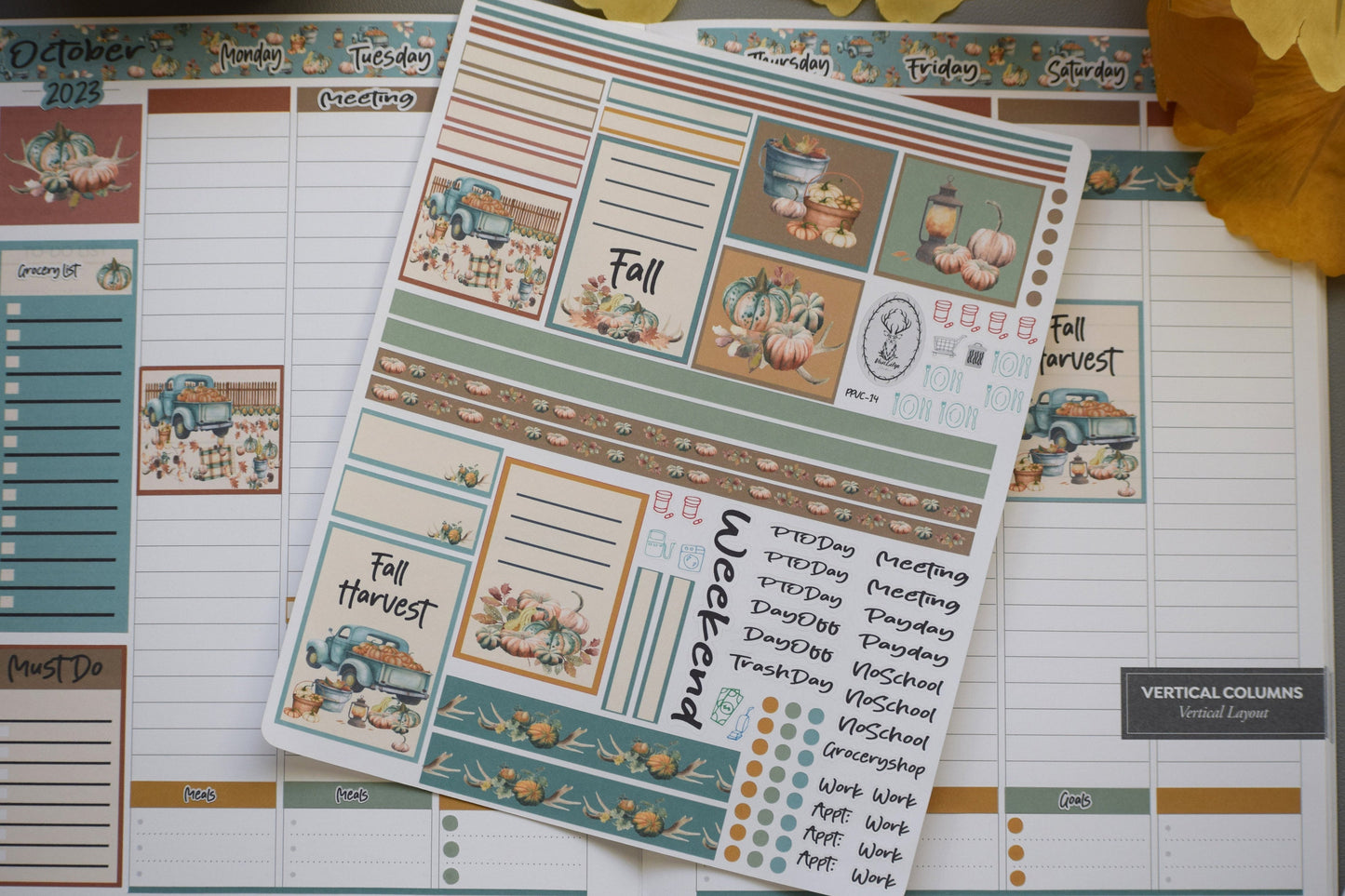 Plum Paper 7x9 Vertical Columns, Weekly Planner Sticker Kit #14 Autumn Blue Truck