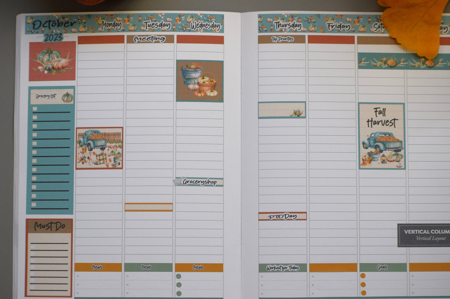 Plum Paper 7x9 Vertical Columns, Weekly Planner Sticker Kit #14 Autumn Blue Truck