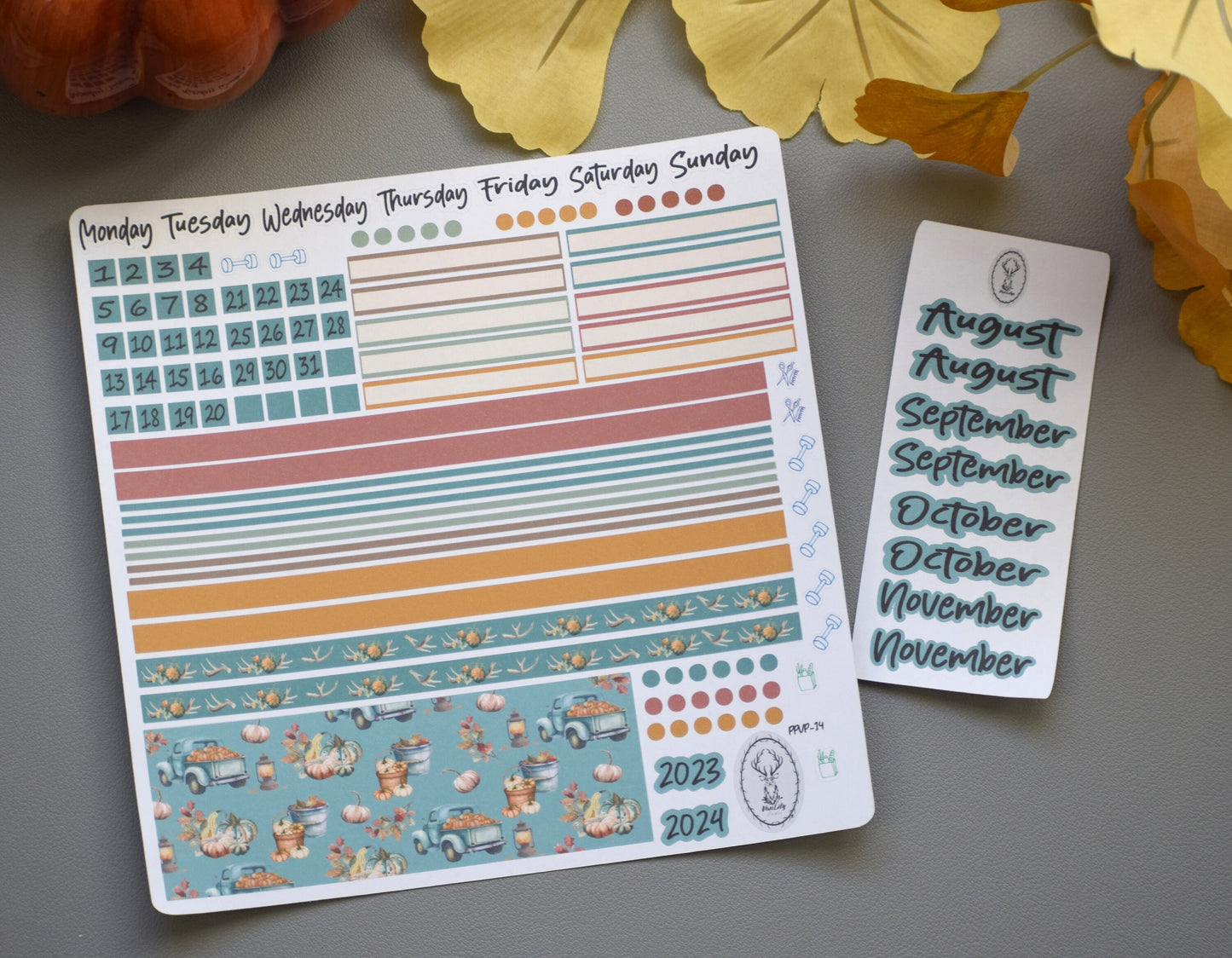 Plum Paper 7x9 Vertical Priorities Weekly Planner Sticker Kit #14 Autumn Blue Truck