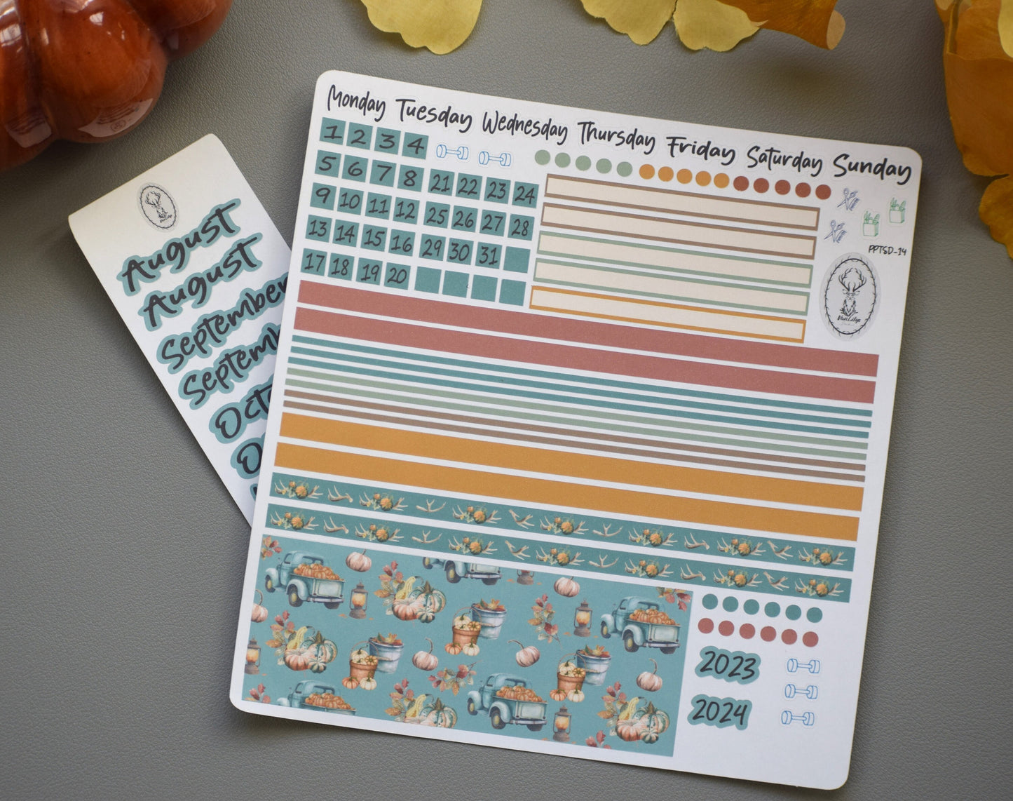 Plum Paper 7x9 Two Sided Days Weekly Planner Sticker Kit #14, Autumn Blue Truck
