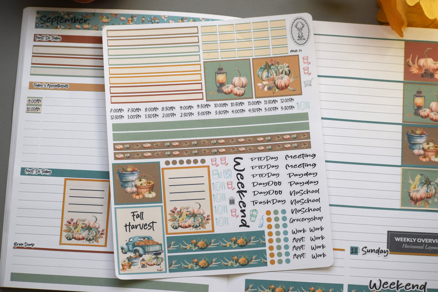 Plum Paper 7x9 Weekly Overview Weekly Planner Sticker Kit #14, Autumn Blue Truck