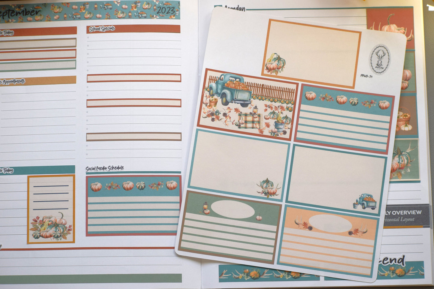 Plum Paper 7x9 Weekly Overview Weekly Planner Sticker Kit #14, Autumn Blue Truck