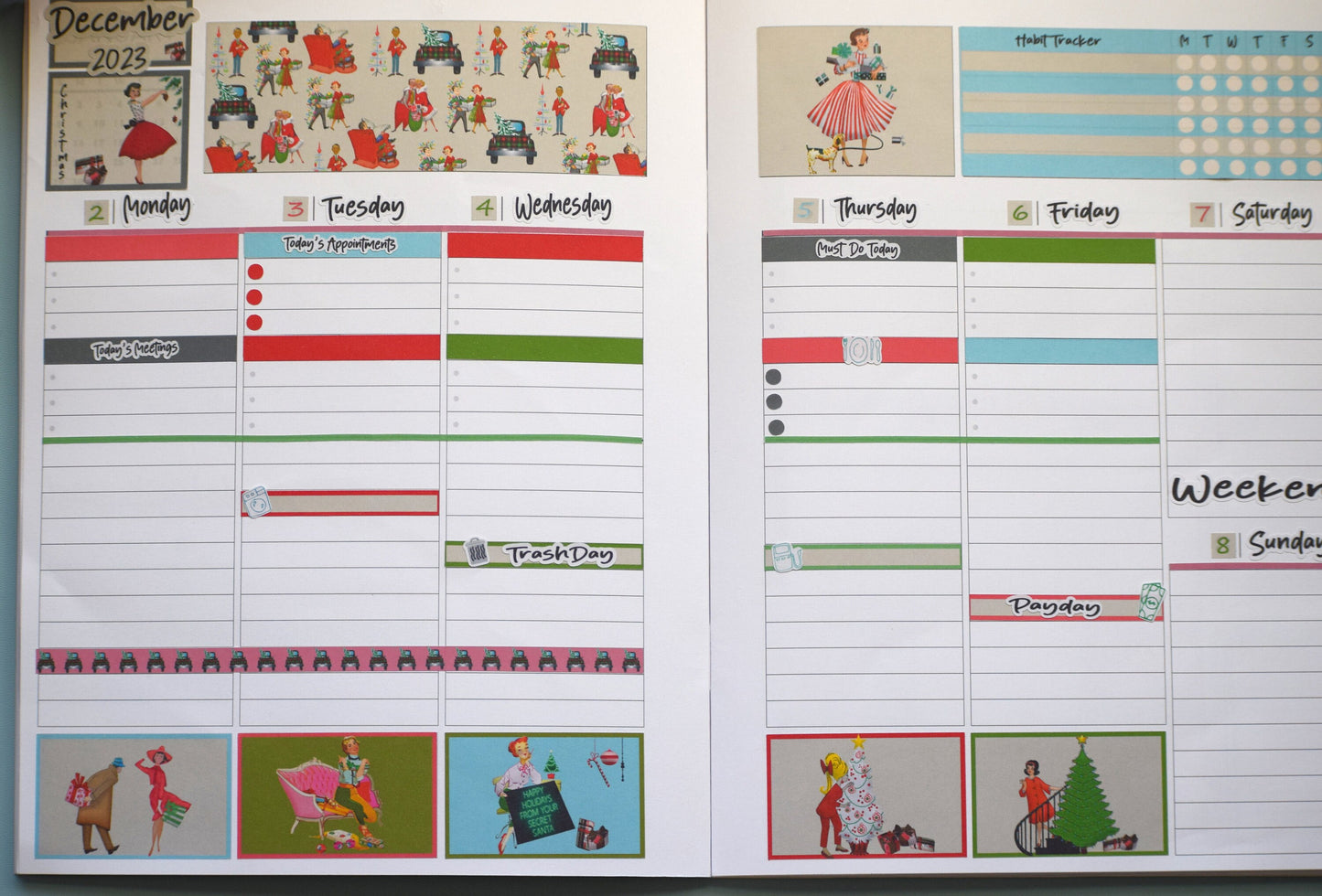 Plum Paper 7x9 Vertical Priorities Weekly Planner Sticker Kit #15, Retro Christmas