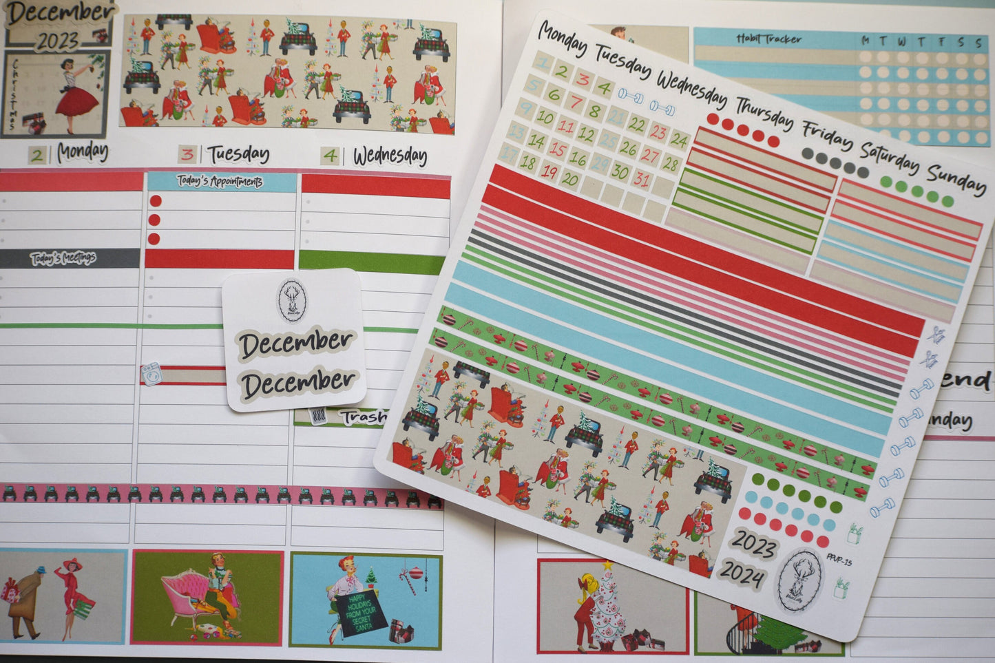 Plum Paper 7x9 Vertical Priorities Weekly Planner Sticker Kit #15, Retro Christmas