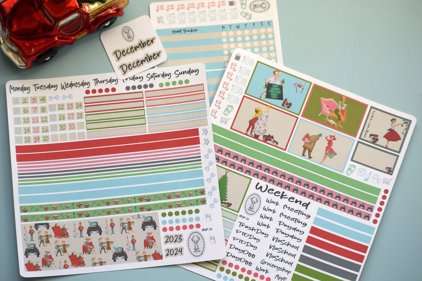Plum Paper 7x9 Vertical Priorities Weekly Planner Sticker Kit #15, Retro Christmas