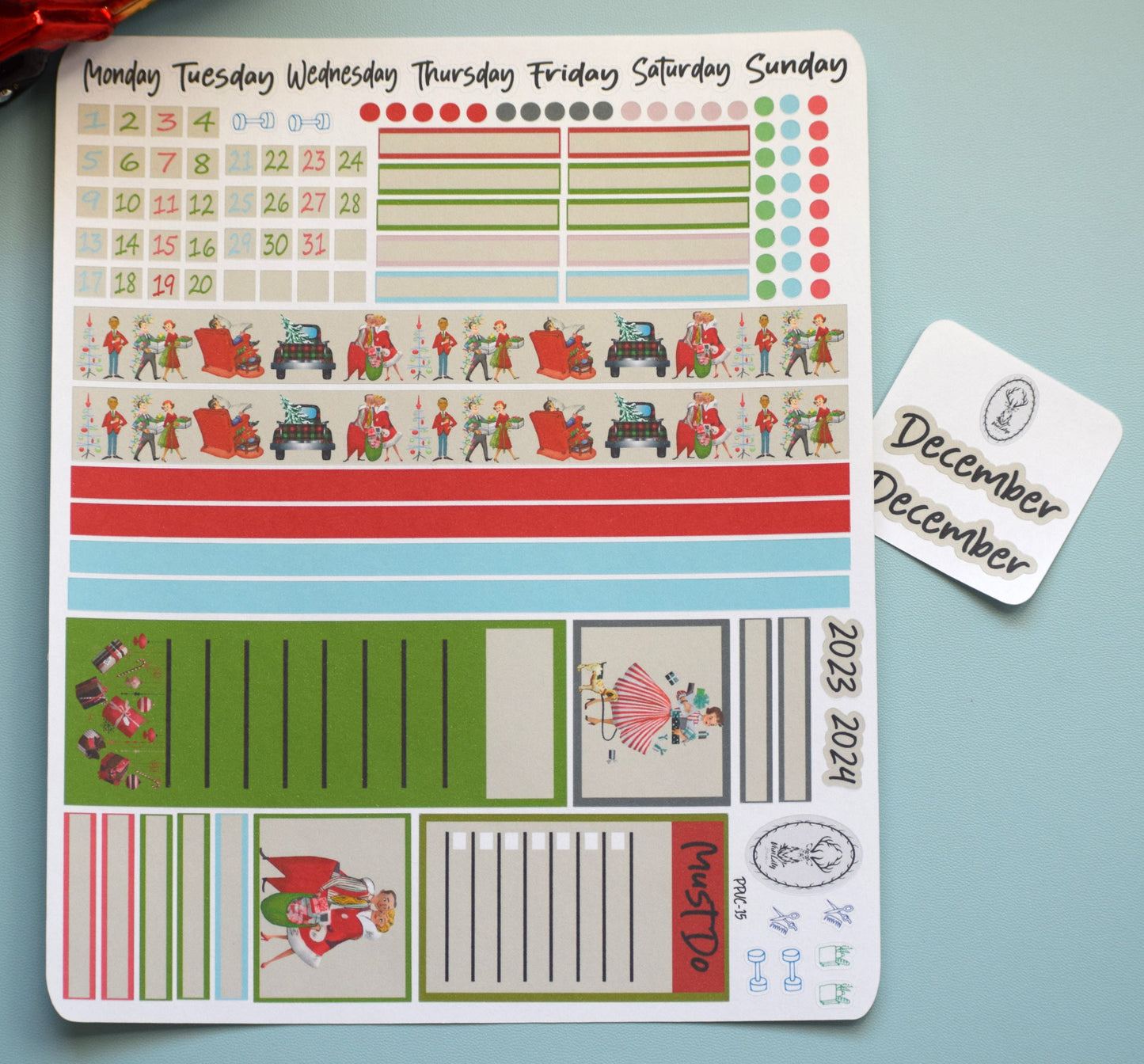 Plum Paper 7x9 Vertical Columns Weekly Planner Sticker Kit #15, Retro Christmas