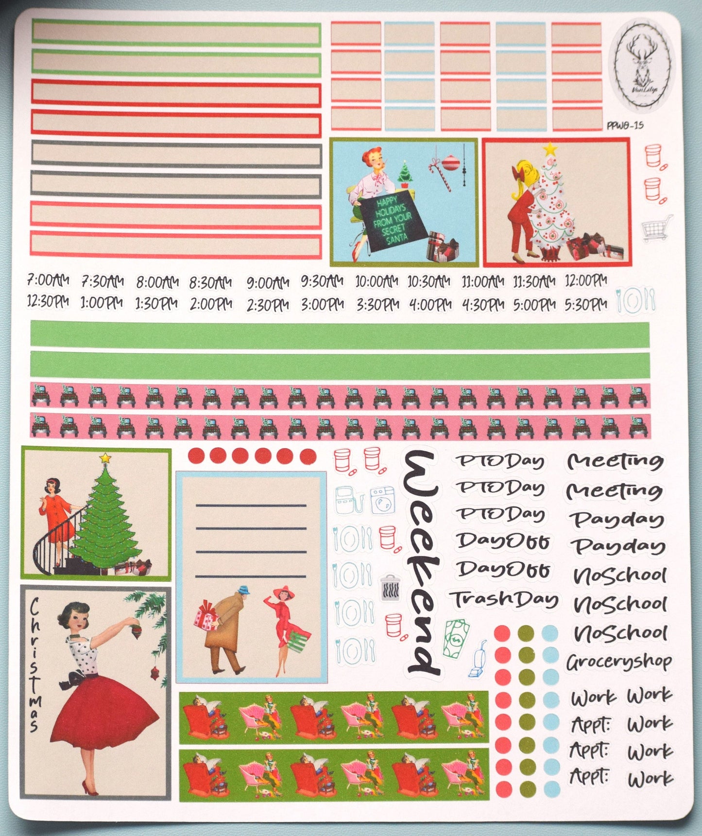 Plum Paper 7x9 Weekly Overview Weekly Planner Sticker Kit #15, Retro Christmas