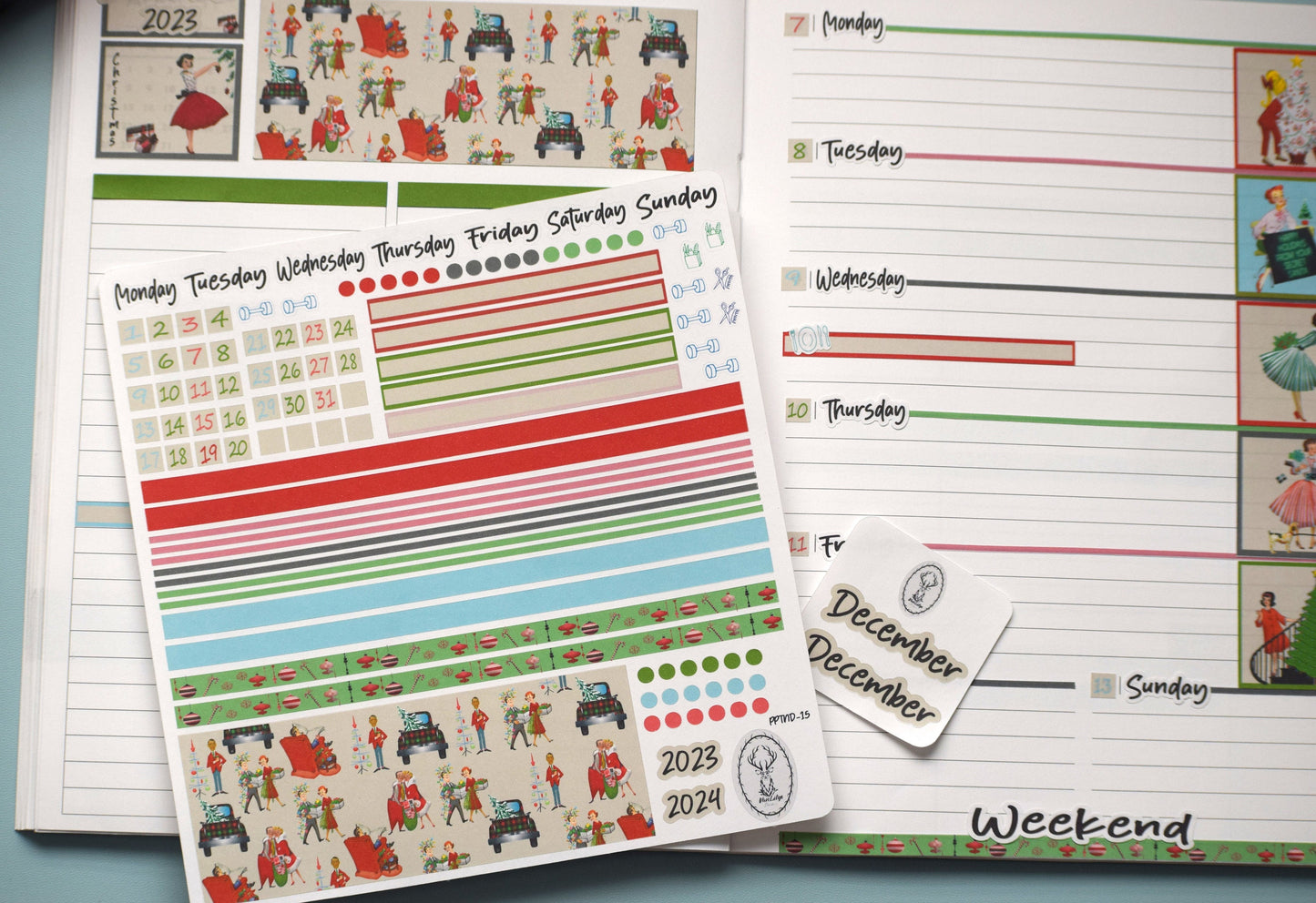 Plum Paper 7x9 Notes And Days Weekly Planner Sticker Kit #15, Retro Christmas