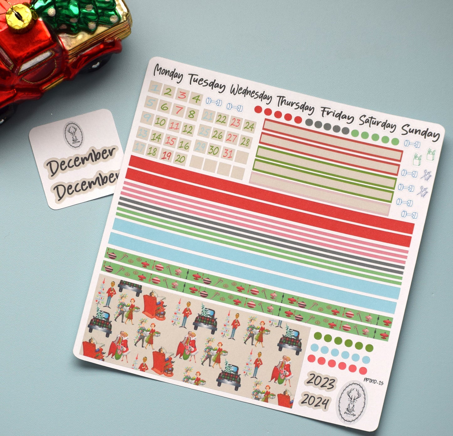 Plum Paper 7x9 Notes And Days Weekly Planner Sticker Kit #15, Retro Christmas