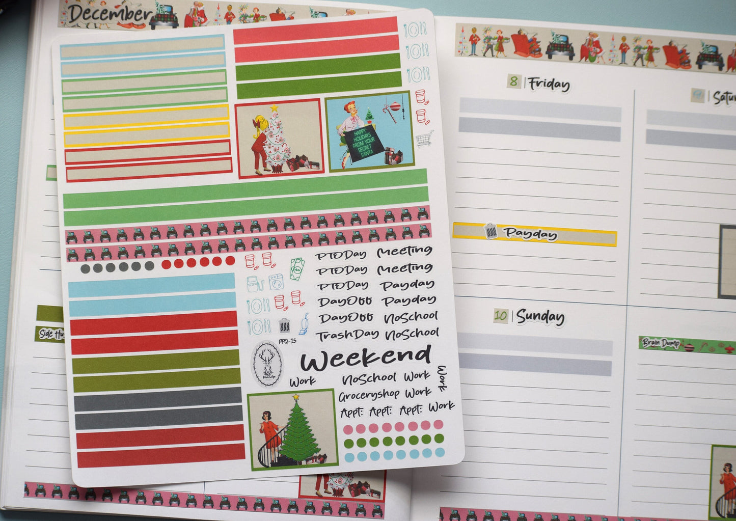 Plum Paper 7x9 Quad Lined and Blank Weekly Planner Sticker Kit #15, Retro Christmas