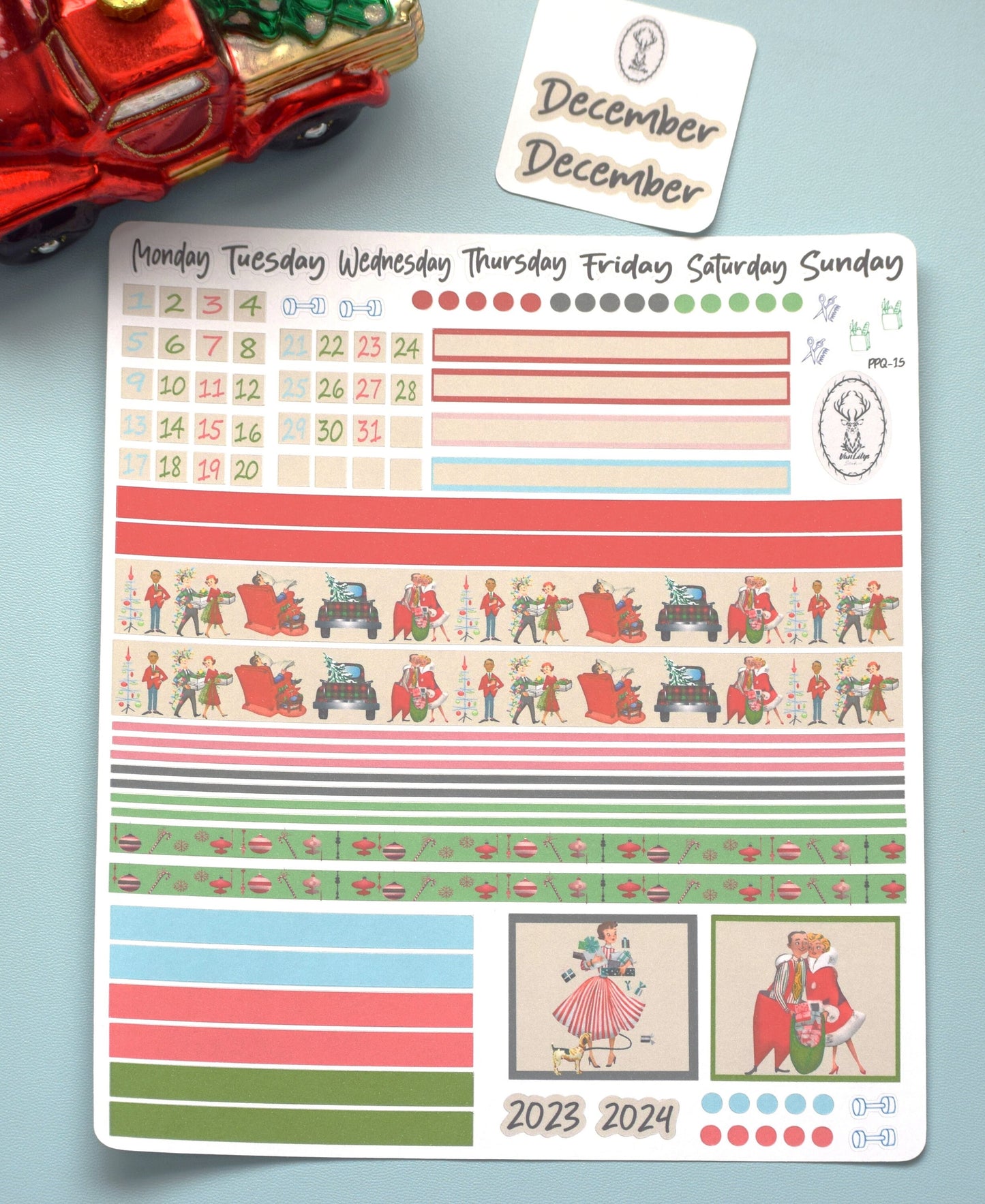 Plum Paper 7x9 Quad Lined and Blank Weekly Planner Sticker Kit #15, Retro Christmas