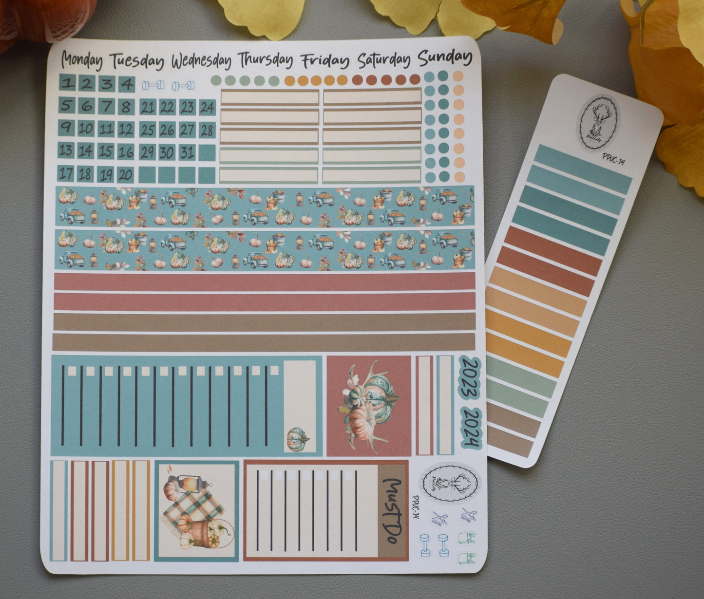 Plum Paper 7x9 Vertical Columns, Weekly Planner Sticker Kit #14 Autumn Blue Truck