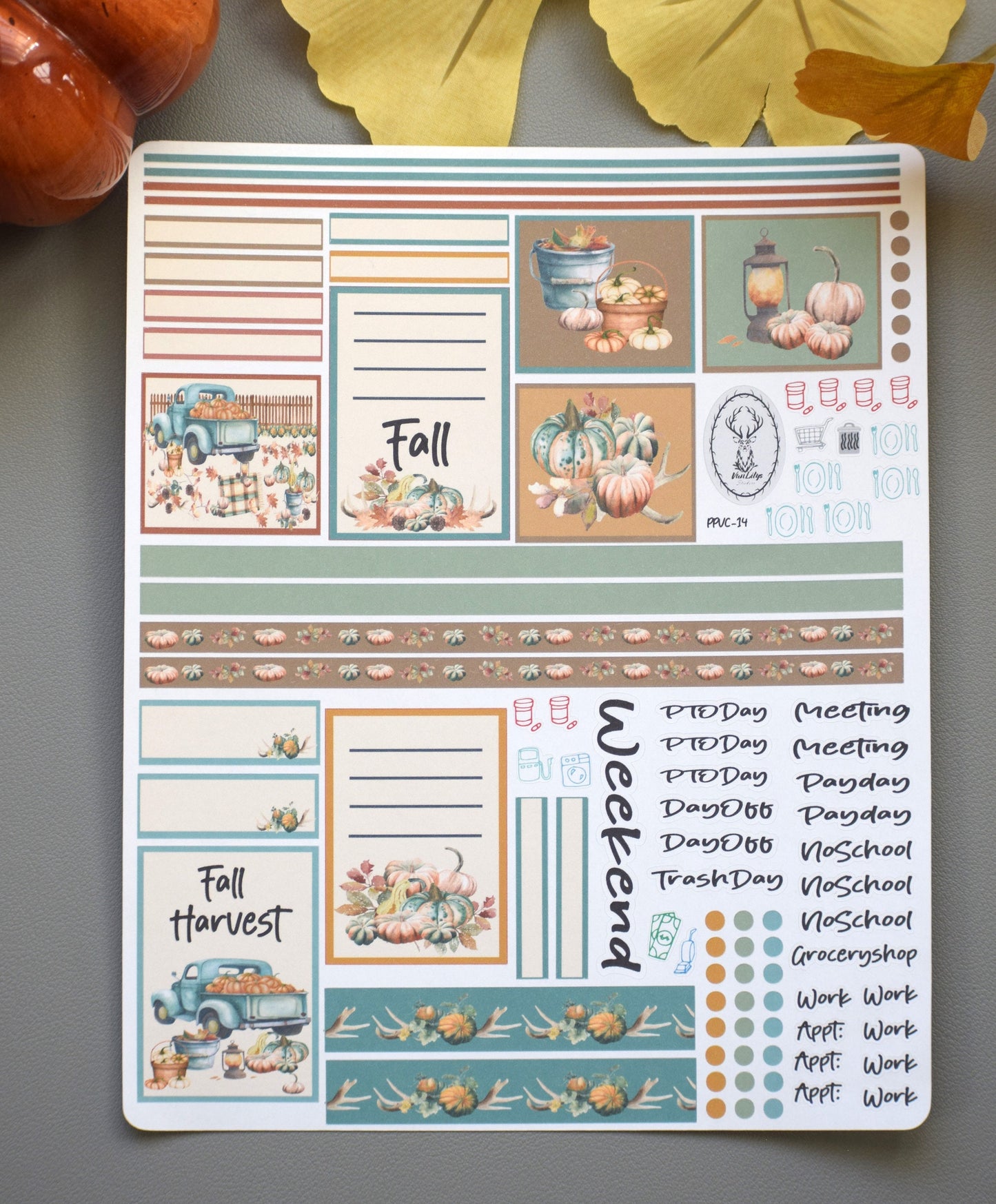 Plum Paper 7x9 Vertical Columns, Weekly Planner Sticker Kit #14 Autumn Blue Truck
