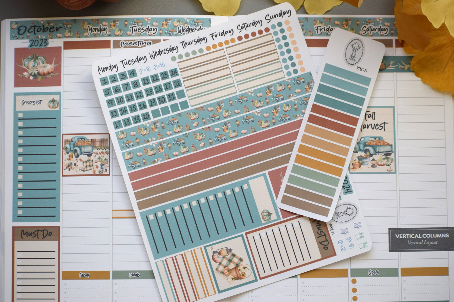 Plum Paper 7x9 Vertical Columns, Weekly Planner Sticker Kit #14 Autumn Blue Truck