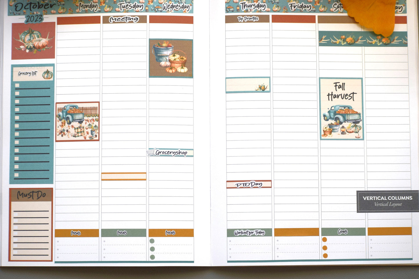 Plum Paper 7x9 Vertical Columns, Weekly Planner Sticker Kit #14 Autumn Blue Truck
