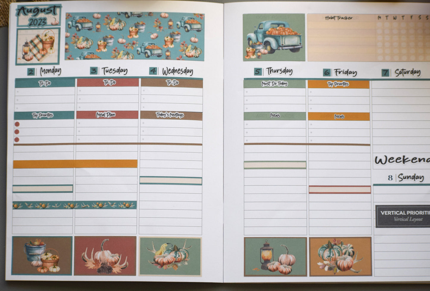 Plum Paper 7x9 Vertical Priorities Weekly Planner Sticker Kit #14 Autumn Blue Truck