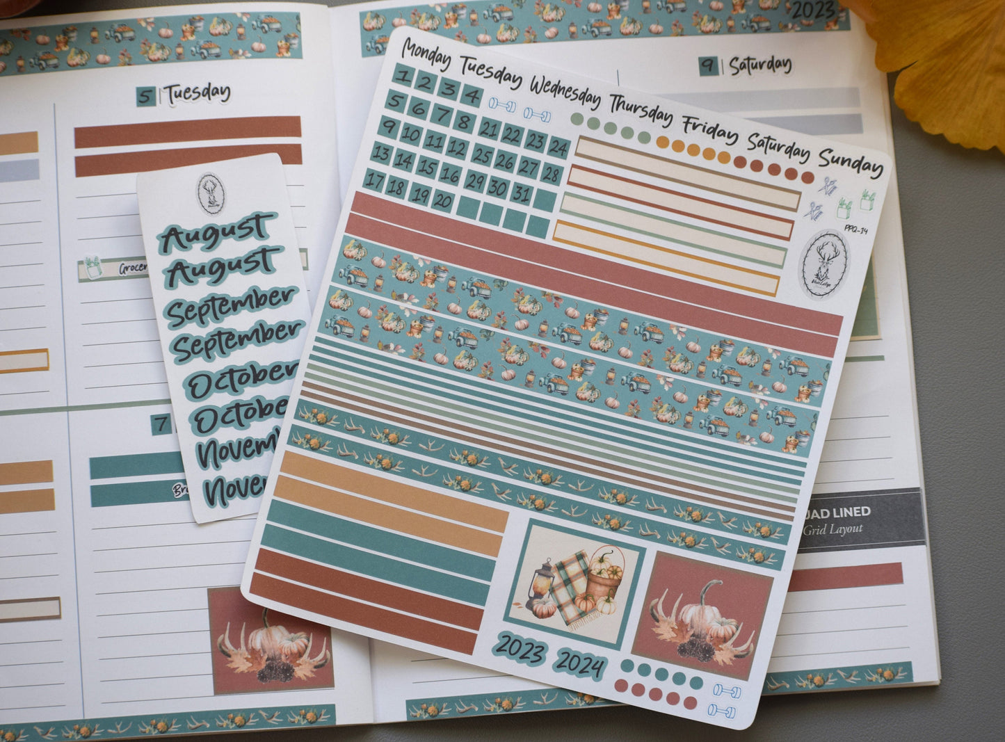 Plum Paper 7x9 Quad Lined And Blank Weekly Planner Sticker Kit #14, Autumn Blue Truck