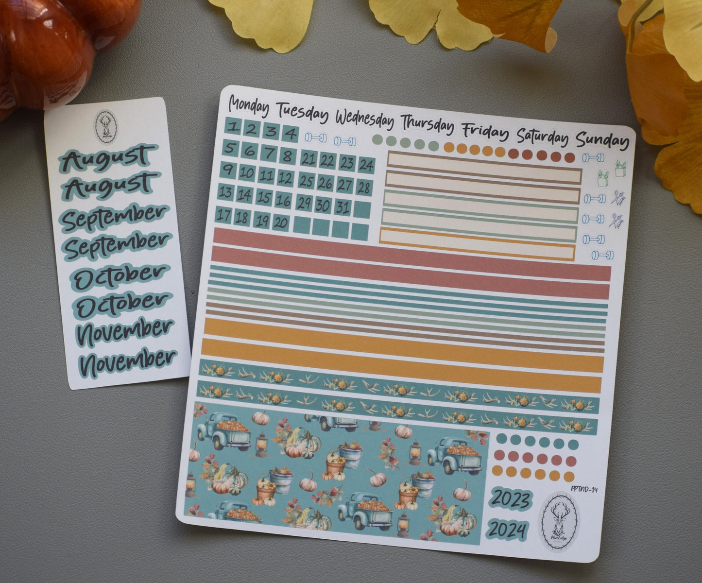 Plum Paper 7x9 Notes and Days Weekly Planner Sticker Kit #14, Autumn Blue Truck