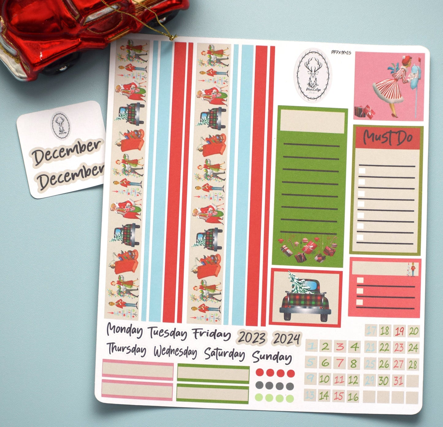 Plum Paper 7x9 Monthly Header Sheet Planner Stickers #15, Retro Christmas