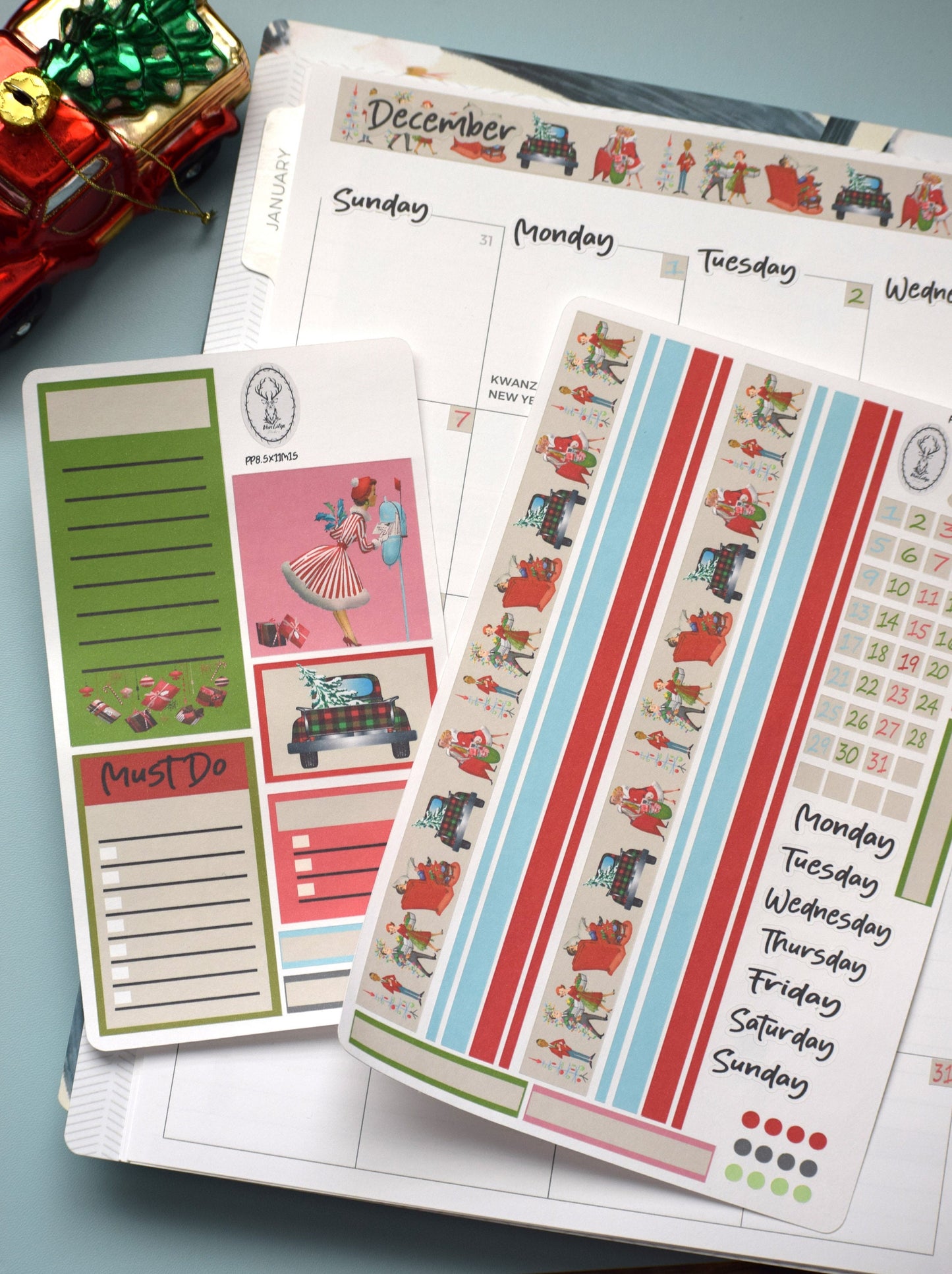 Plum Paper 8.5x11 Monthly Header Sheet Planner Stickers #15, Retro Christmas