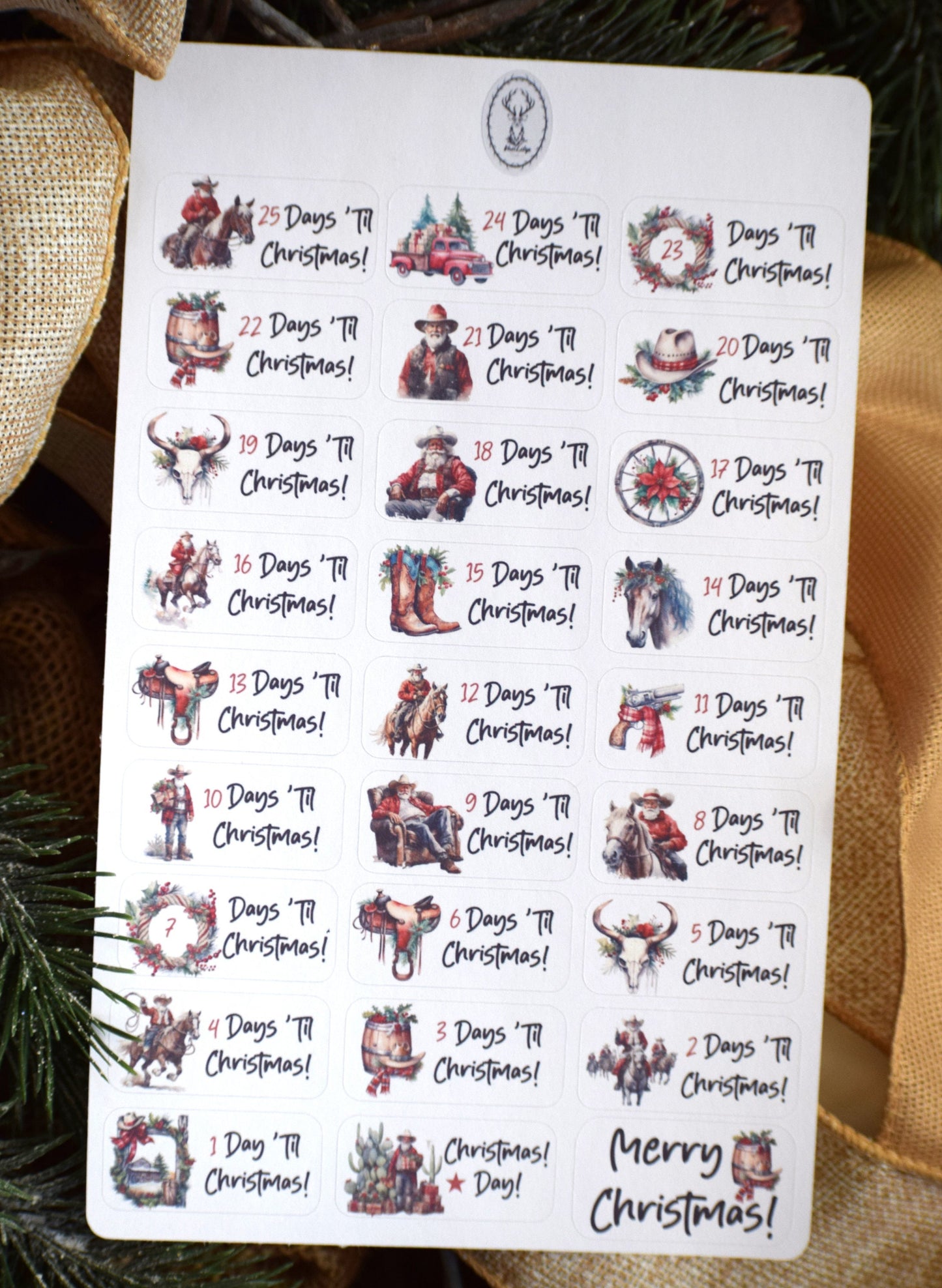 Christmas Countdown Planner Stickers, Western Santa