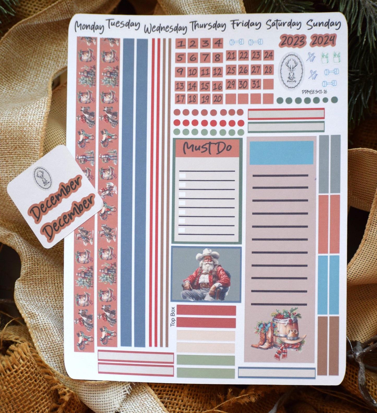 Plum Paper 8.5x11 ME, Weekly Planner Sticker Kit #16, Western Santa