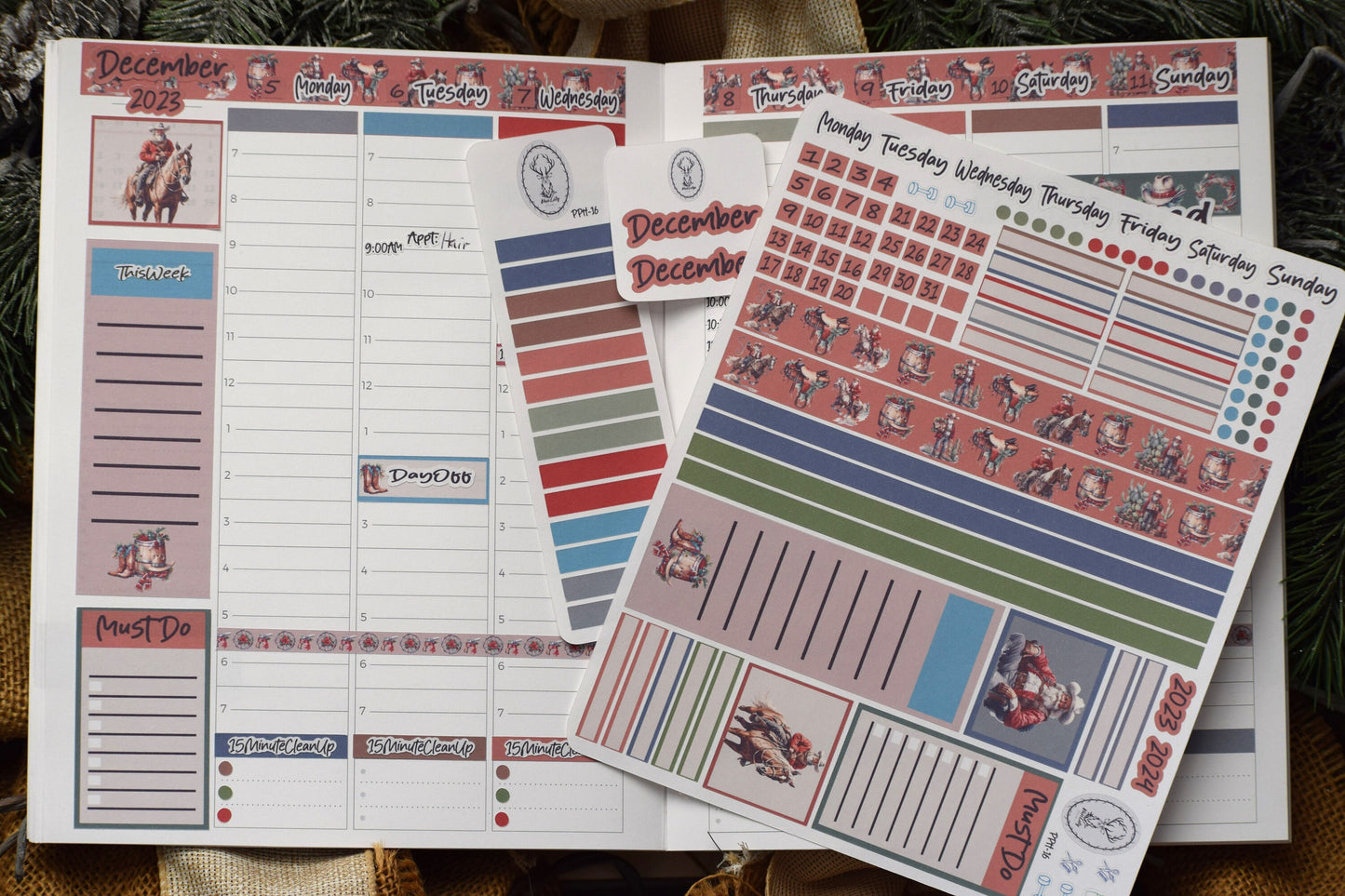 Plum Paper 7x9 Hourly Weekly Planner Sticker Kit #16, Western Santa