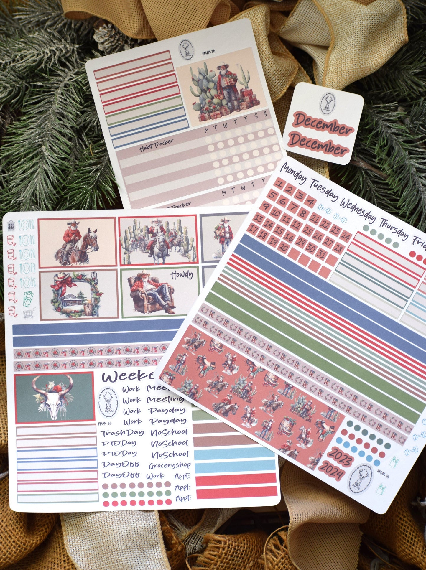 Plum Paper 7x9 Vertical Priorities Weekly Planner Sticker Kit #16, Western Santa