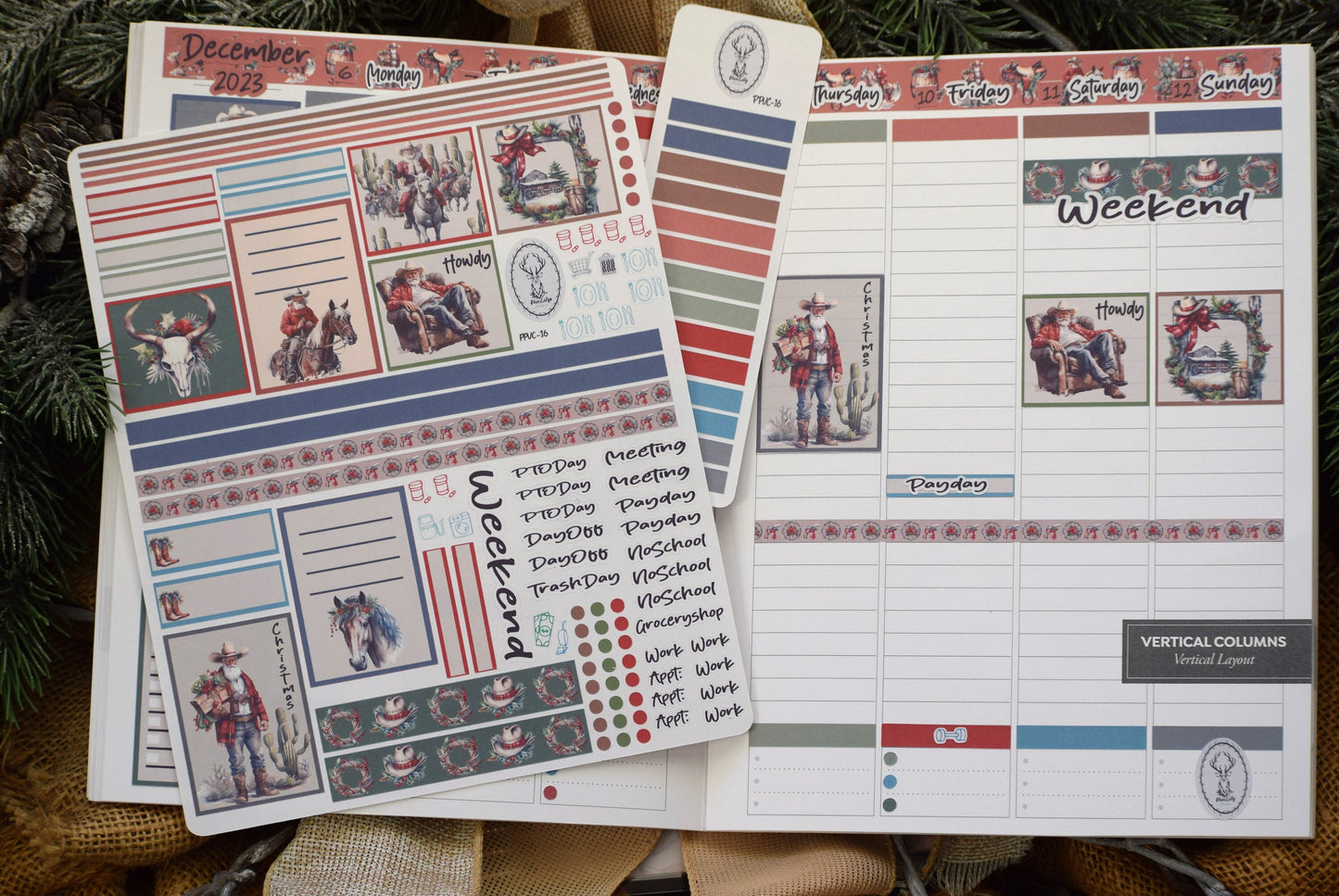 Plum Paper 7x9 Vertical Columns Weekly Planner Sticker Kit #16, Western Santa