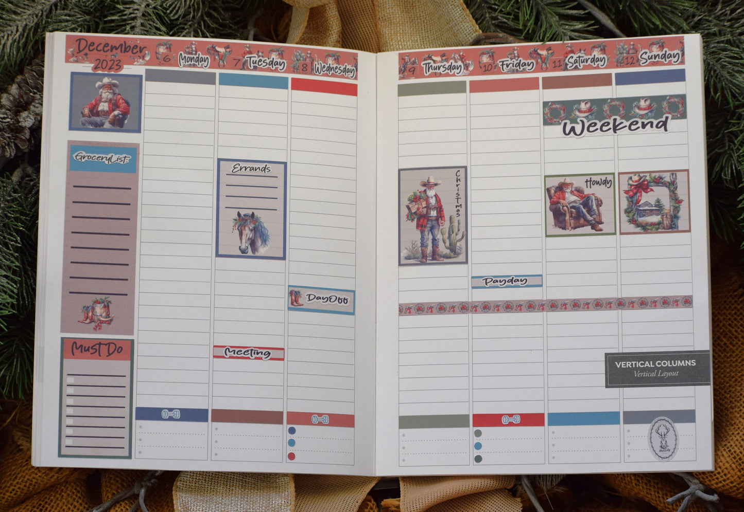 Plum Paper 7x9 Vertical Columns Weekly Planner Sticker Kit #16, Western Santa