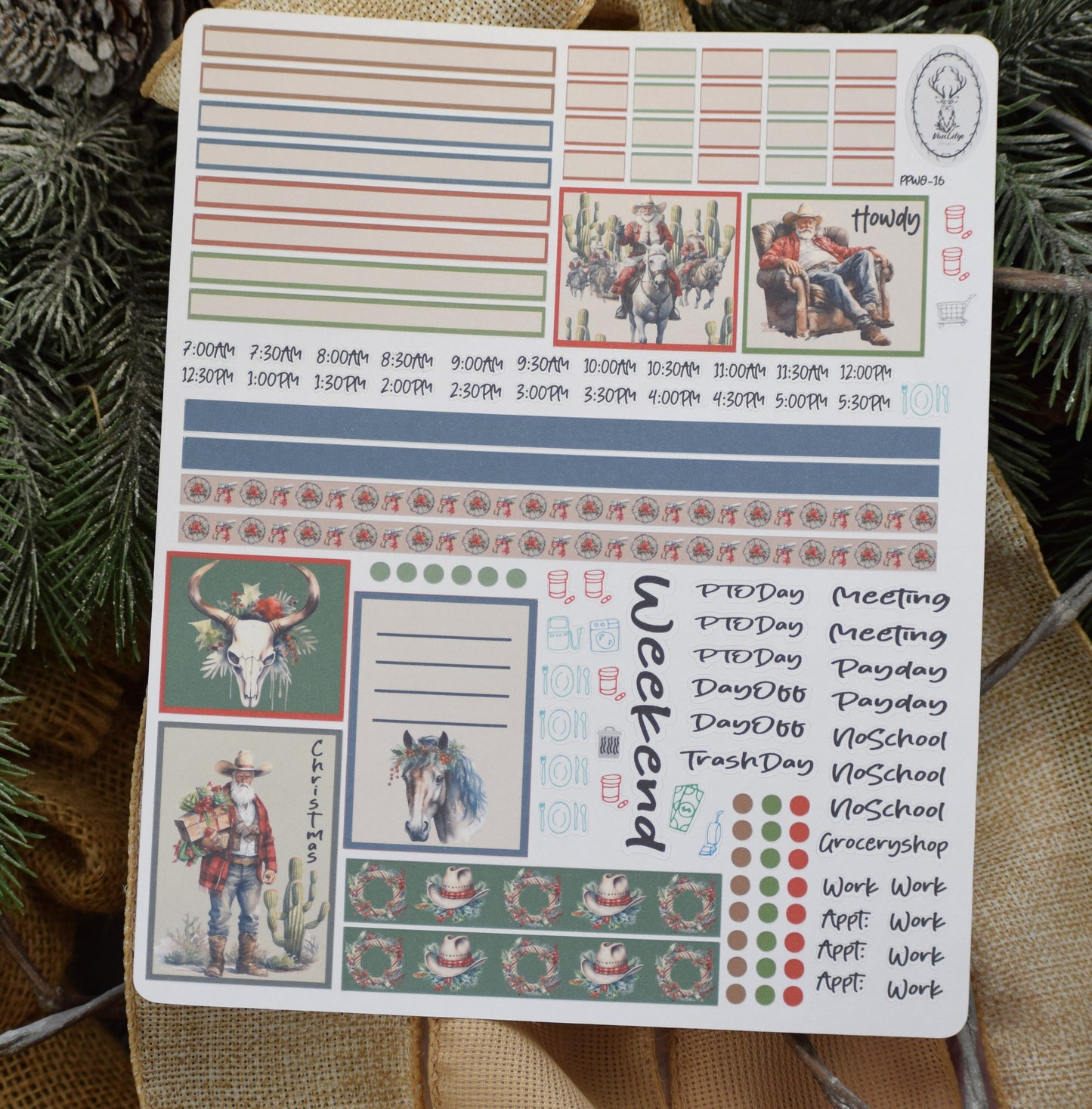 Plum Paper 7x9 Weekly Overview Weekly Planner Sticker Kit #16, Western Santa