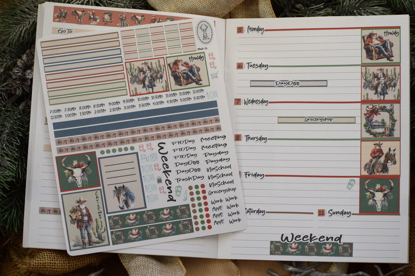 Plum Paper 7x9 Weekly Overview Weekly Planner Sticker Kit #16, Western Santa