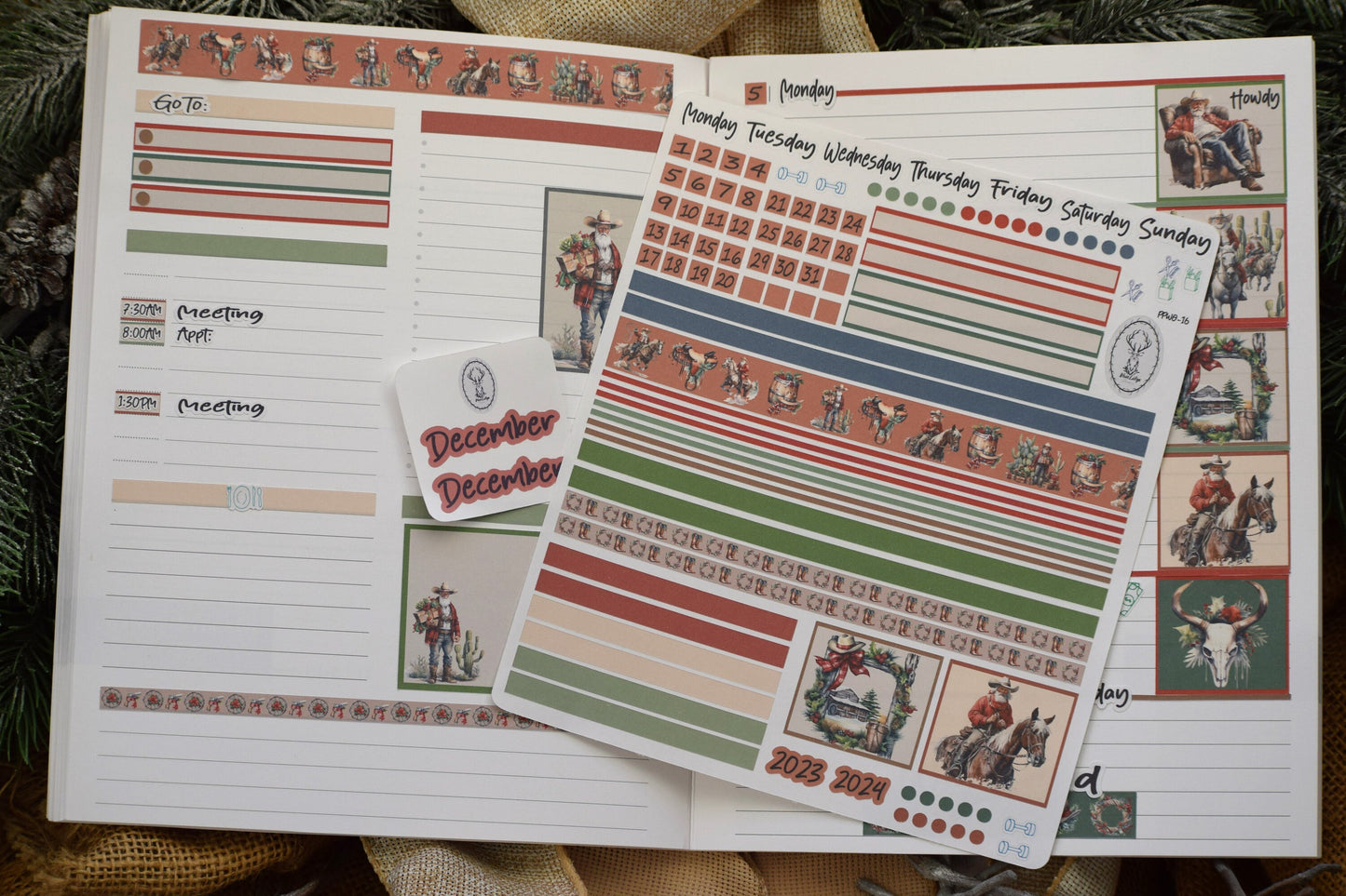 Plum Paper 7x9 Weekly Overview Weekly Planner Sticker Kit #16, Western Santa