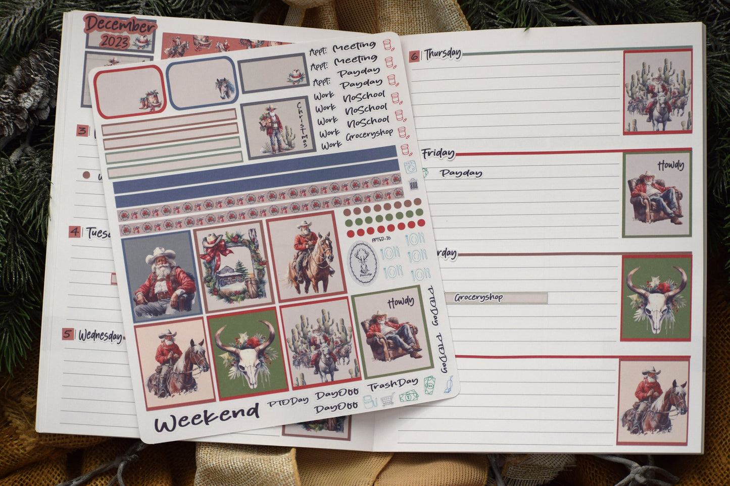 Plum Paper 7x9 Two Sided Days Weekly Planner Sticker Kit #16, Western Santa