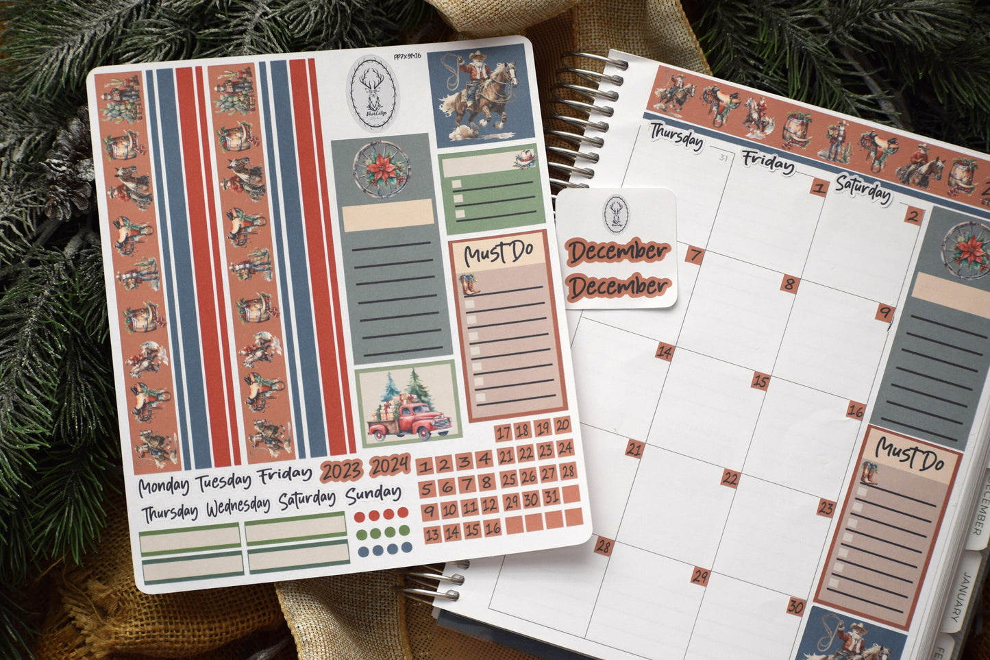 Plum Paper 7x9 Monthly Header Sheet Planner Stickers #16, Western Santa
