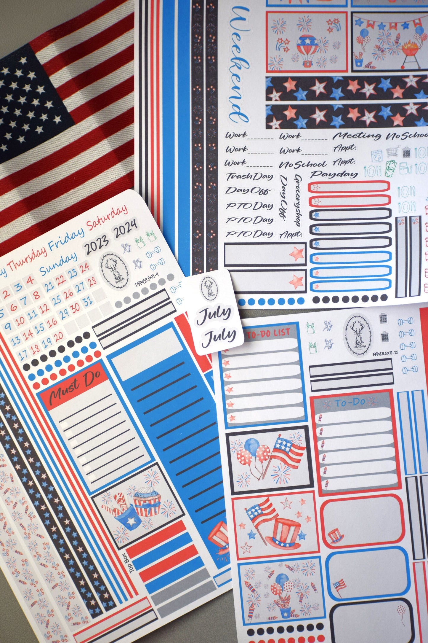 Plum Paper 8.5x11 Large ME Weekly Planner Sticker Kit #4, Red, White And Blue