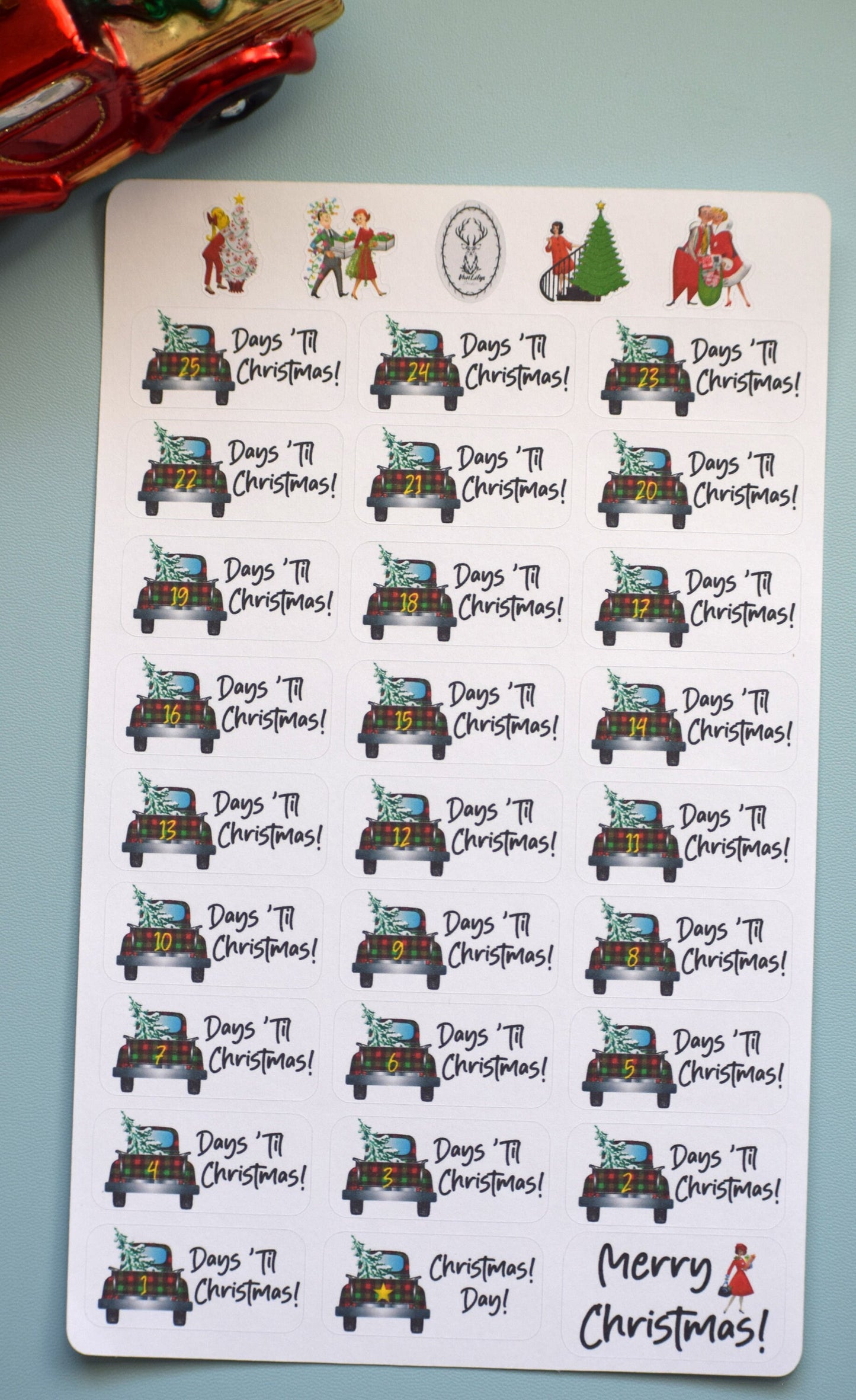 Christmas Countdown Planner Stickers, Retro Christmas
