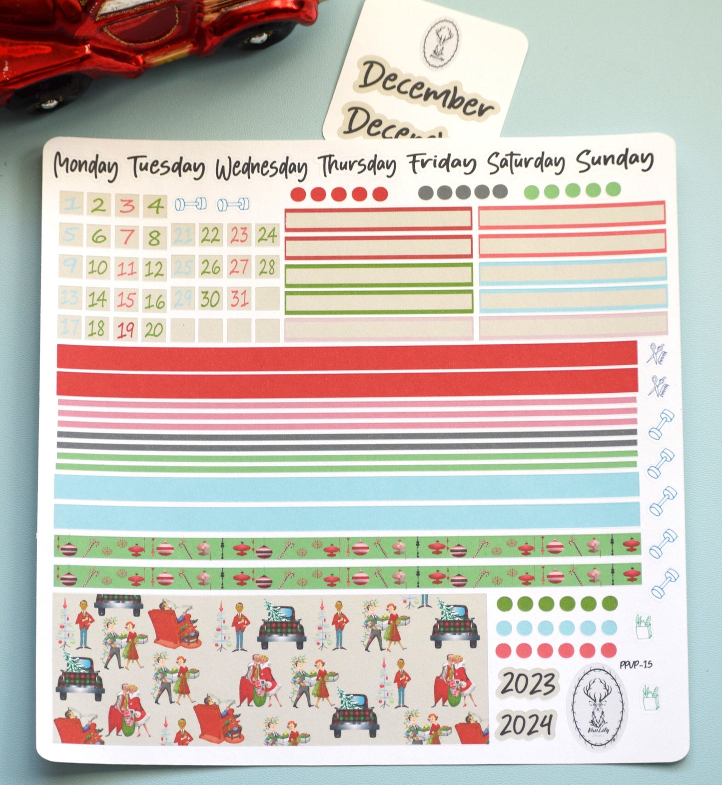 Plum Paper 7x9 Vertical Priorities Weekly Planner Sticker Kit #15, Retro Christmas