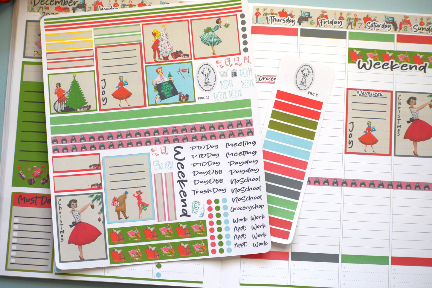 Plum Paper 7x9 Vertical Columns Weekly Planner Sticker Kit #15, Retro Christmas