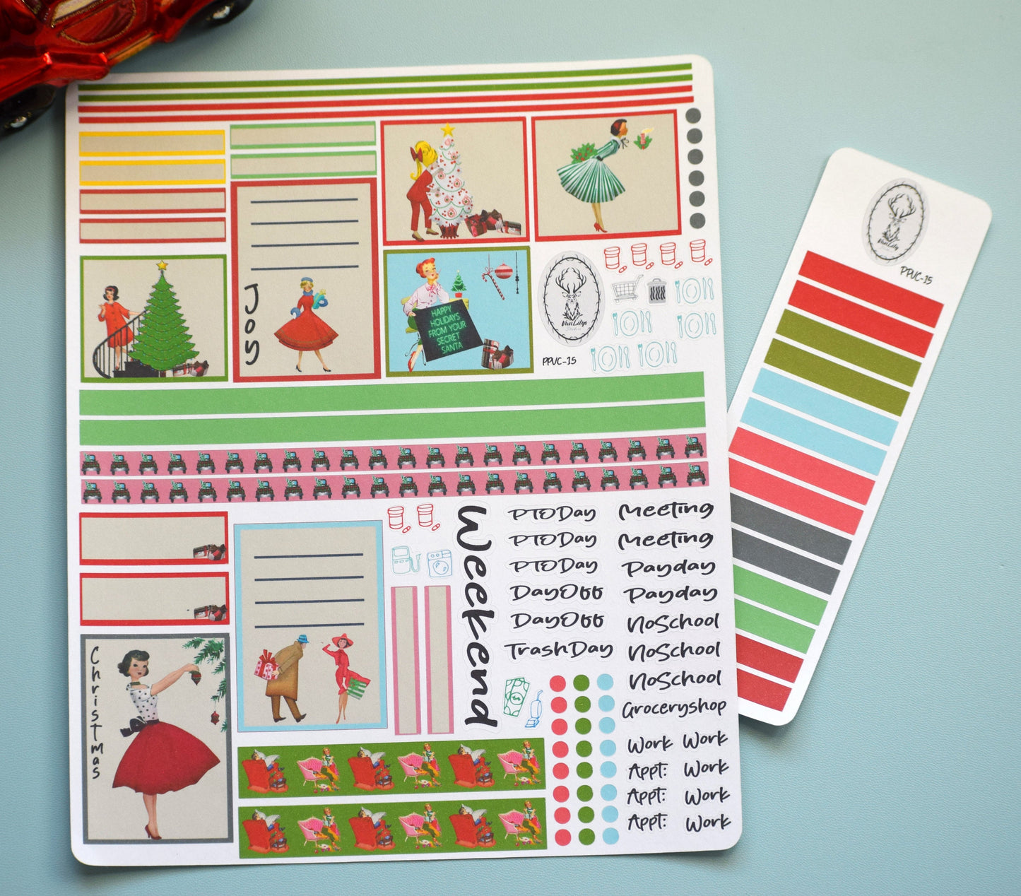Plum Paper 7x9 Vertical Columns Weekly Planner Sticker Kit #15, Retro Christmas