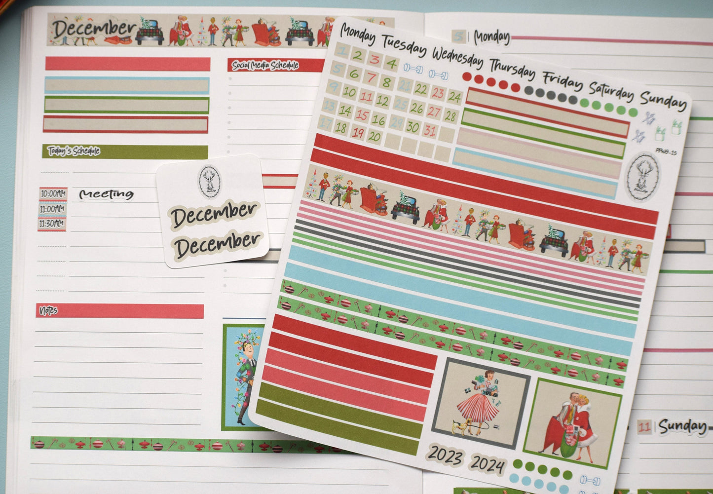 Plum Paper 7x9 Weekly Overview Weekly Planner Sticker Kit #15, Retro Christmas