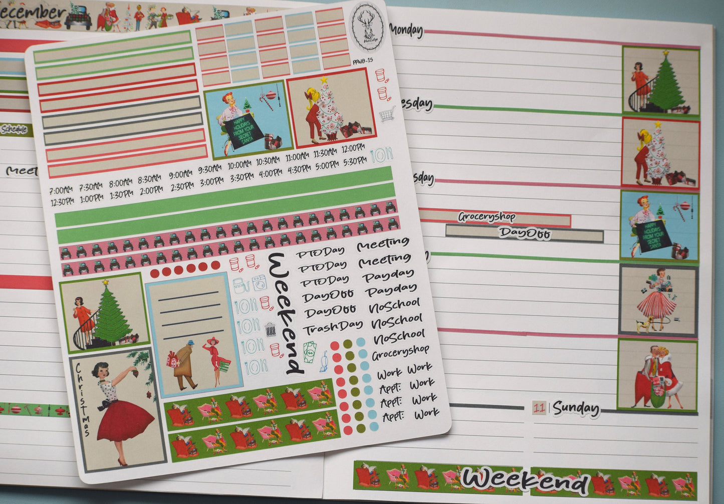 Plum Paper 7x9 Weekly Overview Weekly Planner Sticker Kit #15, Retro Christmas