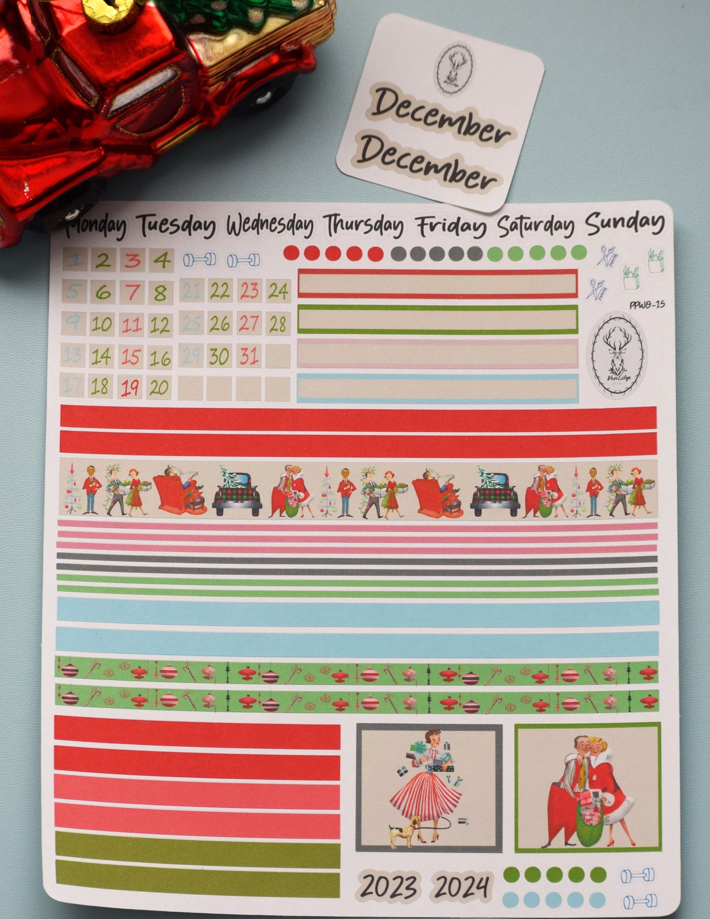 Plum Paper 7x9 Weekly Overview Weekly Planner Sticker Kit #15, Retro Christmas