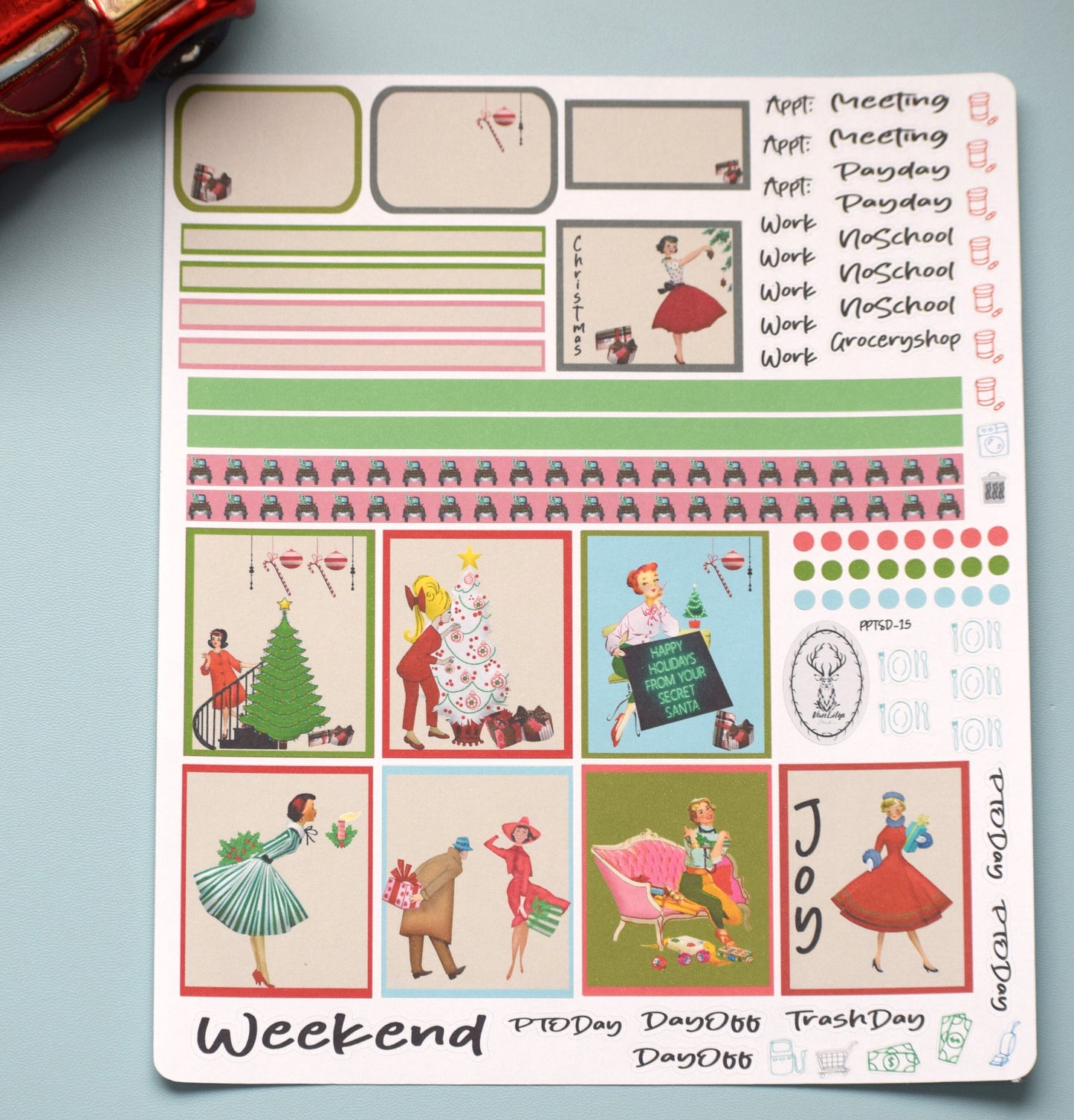 Plum Paper 7x9 Two Sided Days Weekly Planner Sticker Kit #15, Retro Christmas