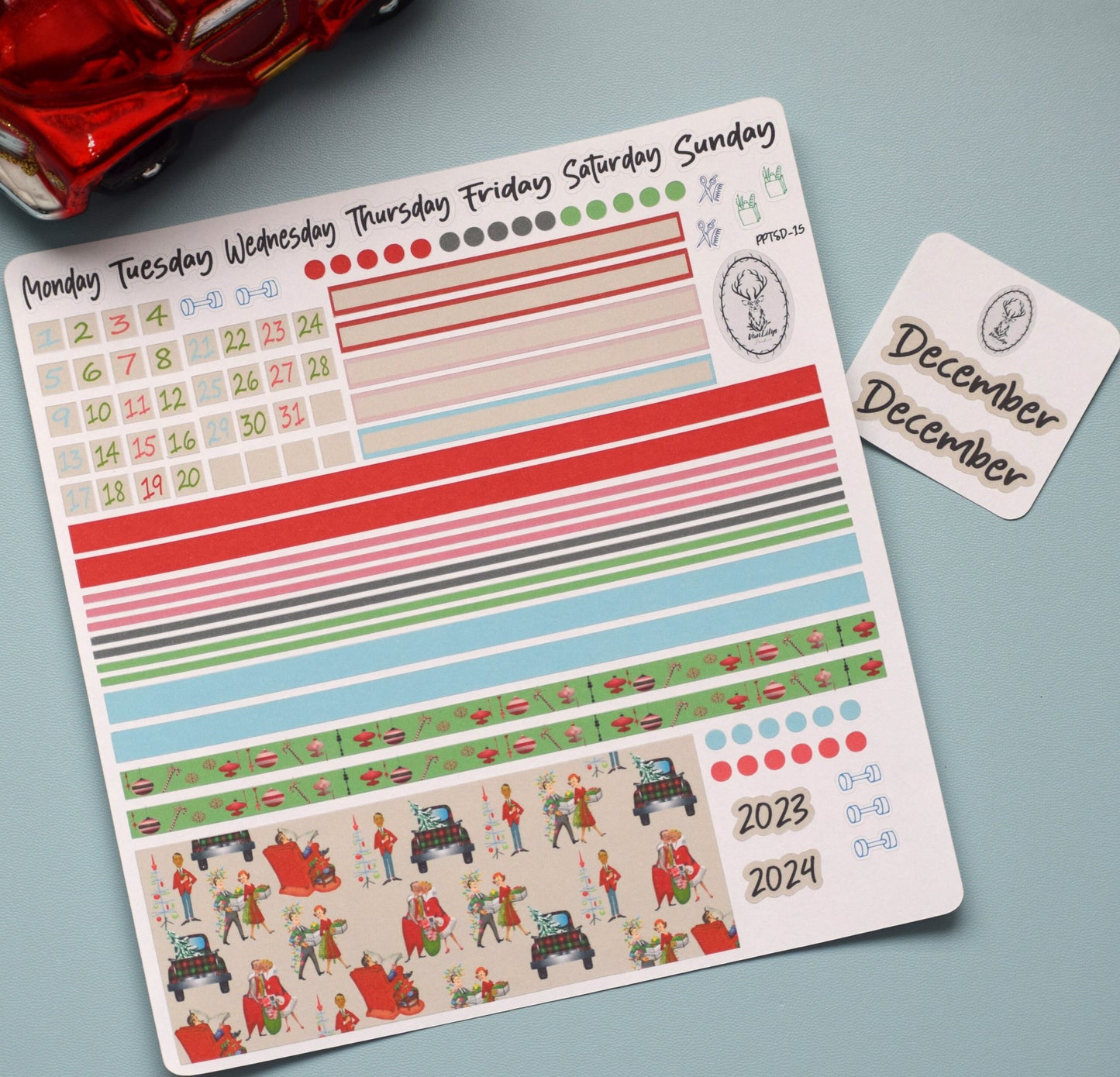 Plum Paper 7x9 Two Sided Days Weekly Planner Sticker Kit #15, Retro Christmas